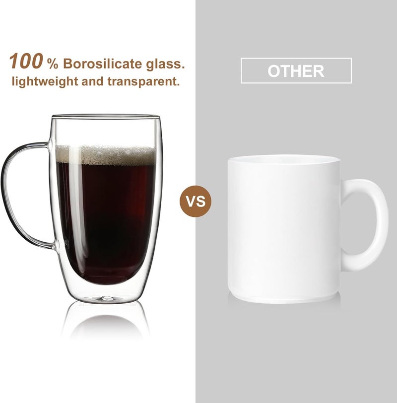 Aurzen 2 Pack Double Walled Glass Coffee Mugs with Handles, Large Insulated Layer Coffee Cups, 15oz Clear Borosilicate Mugs, Perfect for Cappuccino, Tea, Microwave Safe - Image 3