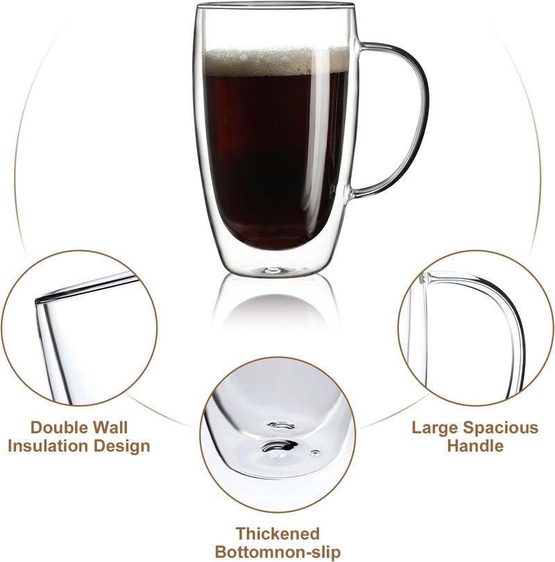 Aurzen 2 Pack Double Walled Glass Coffee Mugs with Handles, Large Insulated Layer Coffee Cups, 15oz Clear Borosilicate Mugs, Perfect for Cappuccino, Tea, Microwave Safe - Image 4