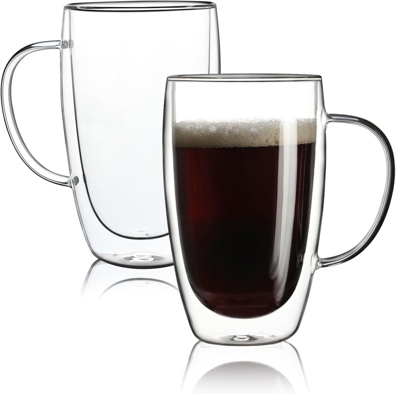 Aurzen 2 Pack Double Walled Glass Coffee Mugs with Handles, Large Insulated Layer Coffee Cups, 15oz Clear Borosilicate Mugs, Perfect for Cappuccino, Tea, Microwave Safe - Image 1
