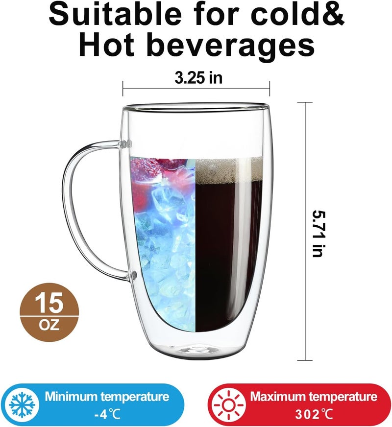 Aurzen 2 Pack Double Walled Glass Coffee Mugs with Handles, Large Insulated Layer Coffee Cups, 15oz Clear Borosilicate Mugs, Perfect for Cappuccino, Tea, Microwave Safe - Image 2