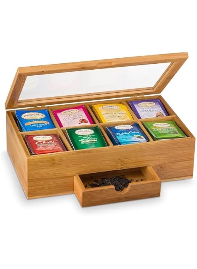 هوكور SupWolf Tea Bag Organizer, Bamboo Tea Box Storage Box, 8 Compartment Tea Storage Chest Container, Tea Bag Holder with Drawer & Acrylic Window, Magnetic Lid Keeps Tea Bags Fresh,  Gift - Image 1
