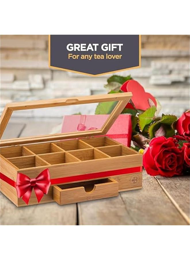هوكور SupWolf Tea Bag Organizer, Bamboo Tea Box Storage Box, 8 Compartment Tea Storage Chest Container, Tea Bag Holder with Drawer & Acrylic Window, Magnetic Lid Keeps Tea Bags Fresh,  Gift - Image 2