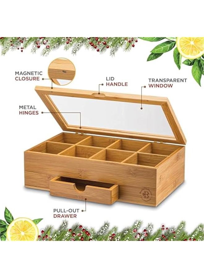 هوكور SupWolf Tea Bag Organizer, Bamboo Tea Box Storage Box, 8 Compartment Tea Storage Chest Container, Tea Bag Holder with Drawer & Acrylic Window, Magnetic Lid Keeps Tea Bags Fresh,  Gift - Image 5