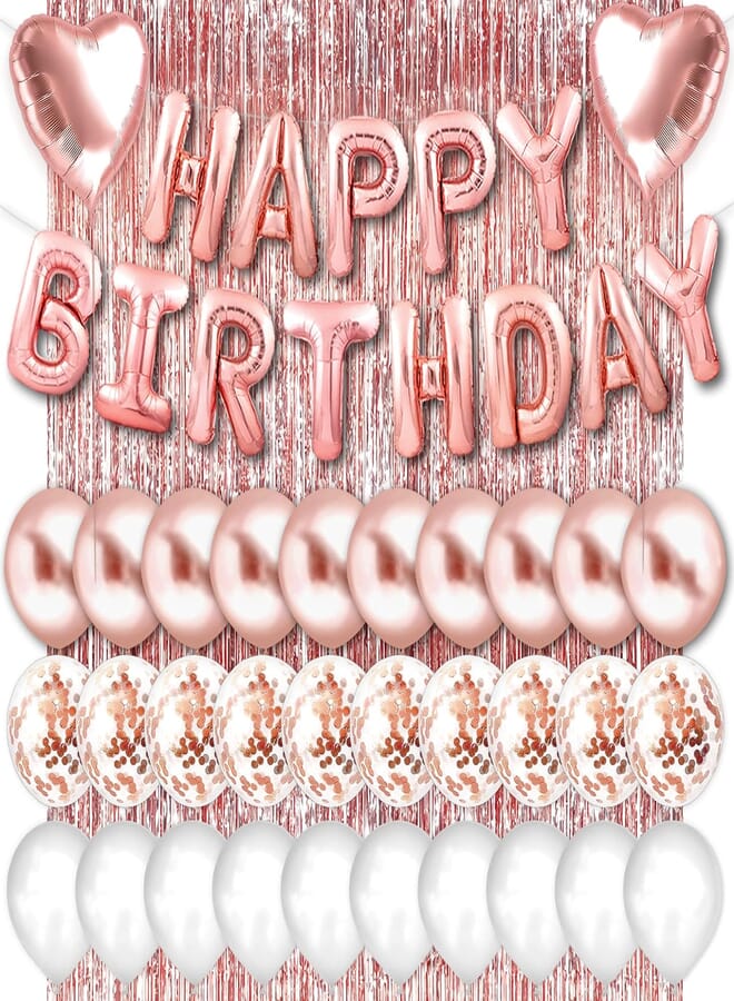 PartyForever Rose Gold Happy Birthday Balloons Banner 16inch Tall Set for Her Birthday Party Decorations and Supplies Kit for Women and Girls with Confetti Balloons and Foil Fringe Curtain