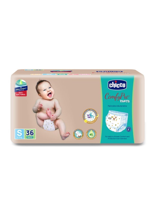 Chicco Comfy-Pro Pant Style Baby Diapers | Anti-bacterial benefits | Ultra Soft & 12hrs protection | Wetness indicator & Disposing Tapes - Small, 36 Count, 4-8 Kg - Image 1