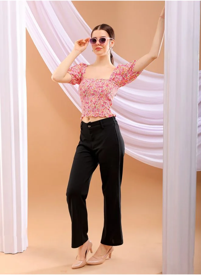 مرفوعة Women Fitted Casual Floral Print Square Neck Top