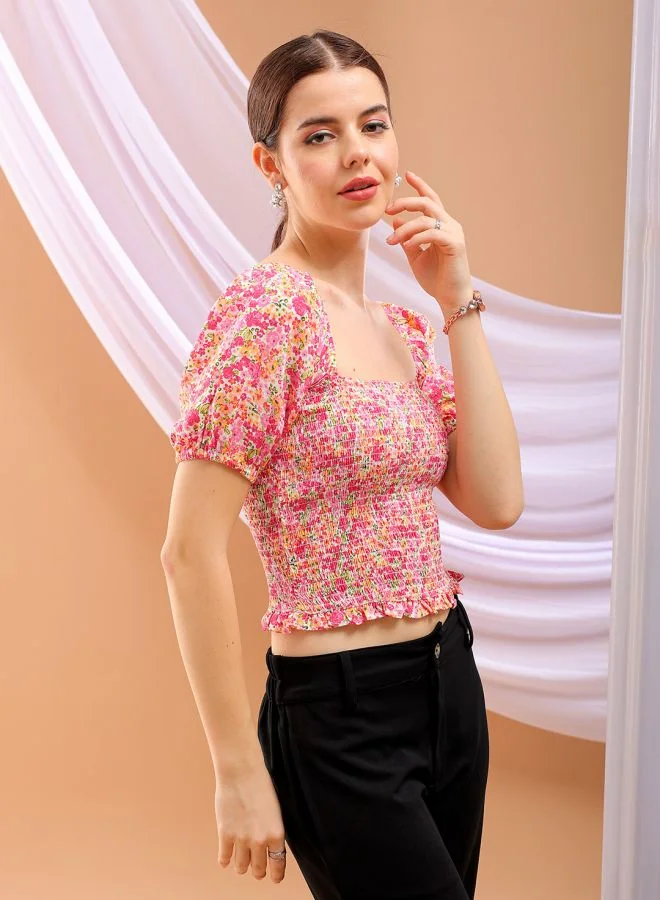 Freehand Women Fitted Casual Floral Print Square Neck Top
