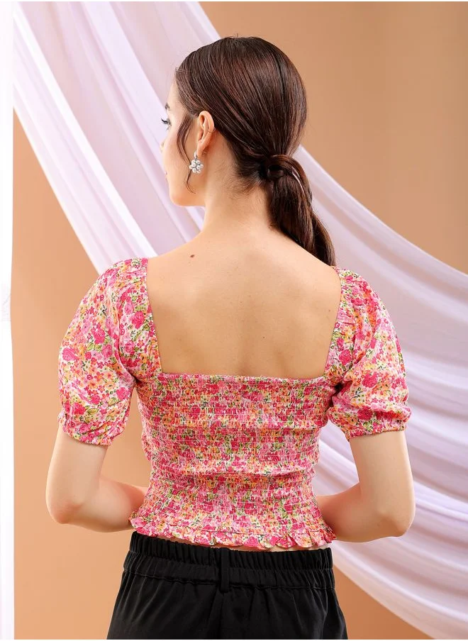 مرفوعة Women Fitted Casual Floral Print Square Neck Top