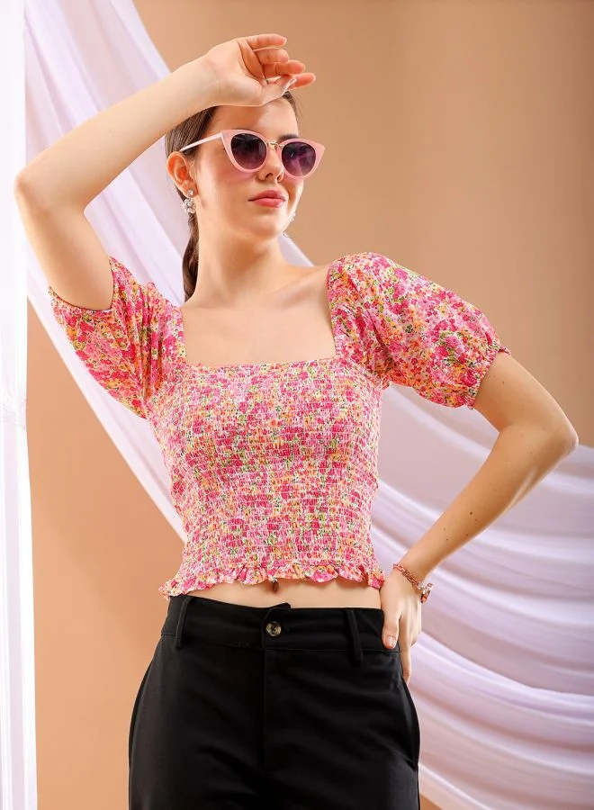 Freehand Women Fitted Casual Floral Print Square Neck Top