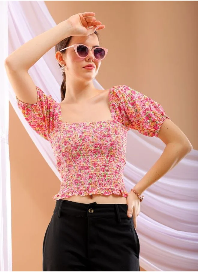 مرفوعة Women Flared Pink Printed Square Neck Short Sleeve Top