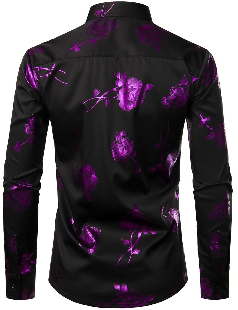 ZEROYAA Mens Hipster 3D Rose Deign Slim Fit Long Sleeve Button Up Dress Shirts ZZCL22 Black Purple Large - Image 3