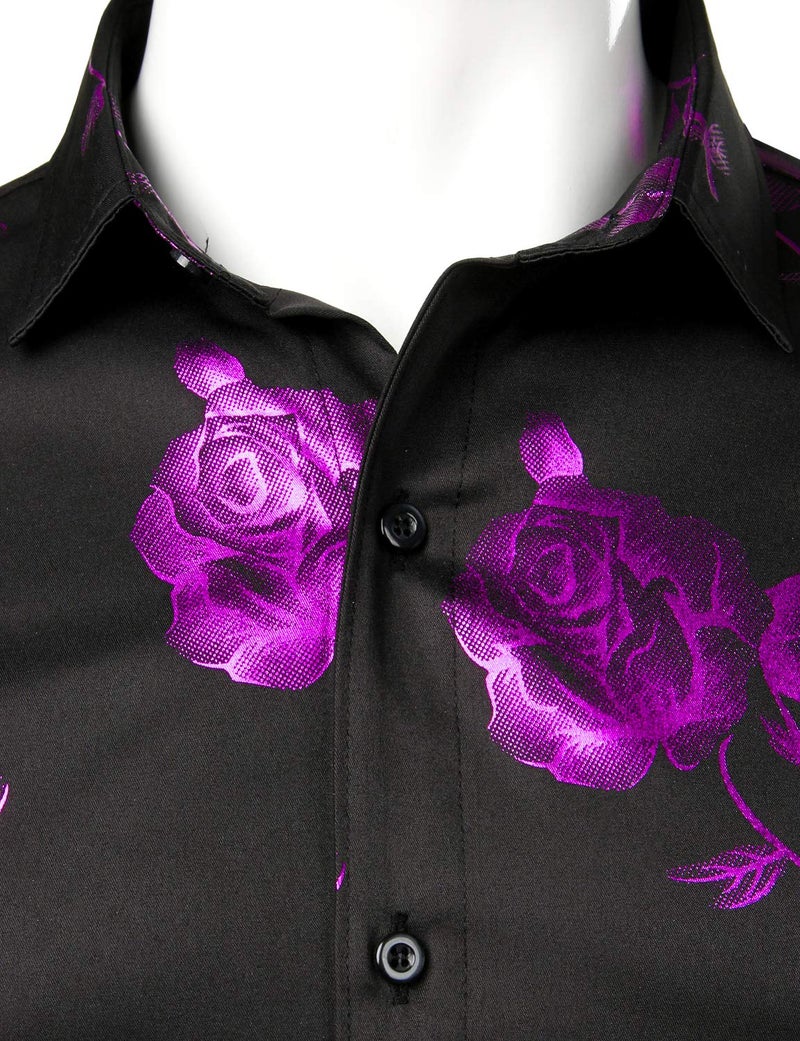 ZEROYAA Mens Hipster 3D Rose Deign Slim Fit Long Sleeve Button Up Dress Shirts ZZCL22 Black Purple Large - Image 4