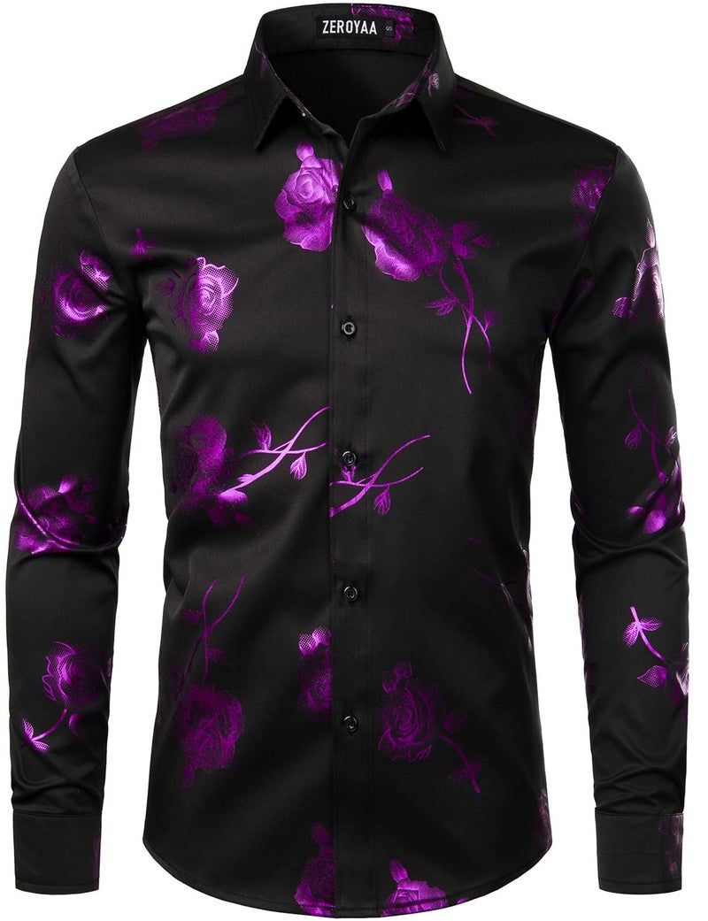 ZEROYAA Mens Hipster 3D Rose Deign Slim Fit Long Sleeve Button Up Dress Shirts ZZCL22 Black Purple Large - Image 1