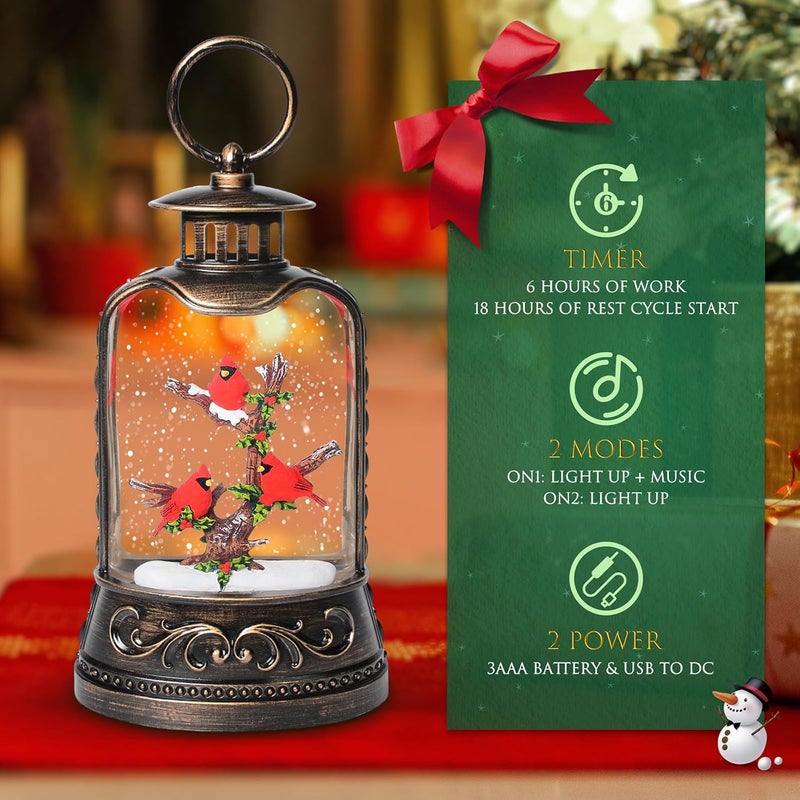 SUNFACE Christmas Snow Globes, Red Cardinals Glitter Water Lantern with 8 Songs, 6H Timer Battery & USB Powered Music Box for Christmas Decorations Indoor - Image 3