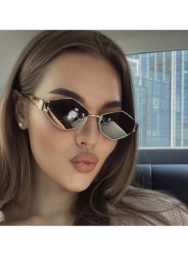 نظارات شمسية معدنية فاخرة عتيقة غير منتظمة الشكل، نظارات شمسية معدنية ذات معبد عريض، تصميم ماسي متعدد الأضلاع، موضة عصرية للجنسين - Image 5