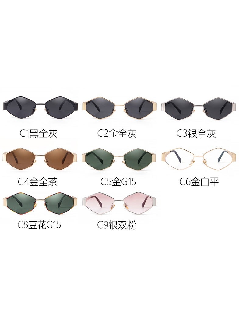 نظارات شمسية معدنية فاخرة عتيقة غير منتظمة الشكل، نظارات شمسية معدنية ذات معبد عريض، تصميم ماسي متعدد الأضلاع، موضة عصرية للجنسين - Image 2