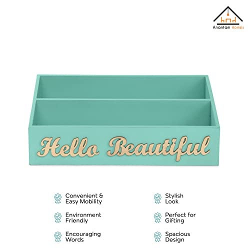 anantam homes 2 Compartment Hello Beautiful Desk Organizer Decorative Caddy Box Holder For Makeup Cosmetics Office Desk Multipurpose Table Storage Stand Accessories With 2 Slots, Wooden (Aqua) - Image 3
