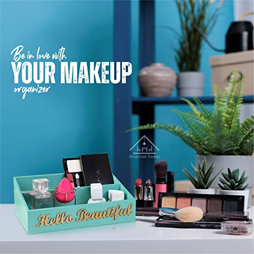 anantam homes 2 Compartment Hello Beautiful Desk Organizer Decorative Caddy Box Holder For Makeup Cosmetics Office Desk Multipurpose Table Storage Stand Accessories With 2 Slots, Wooden (Aqua) - Image 5