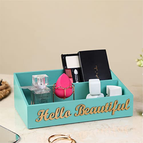 anantam homes 2 Compartment Hello Beautiful Desk Organizer Decorative Caddy Box Holder For Makeup Cosmetics Office Desk Multipurpose Table Storage Stand Accessories With 2 Slots, Wooden (Aqua) - Image 1