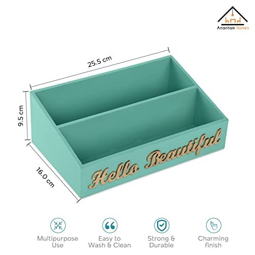 anantam homes 2 Compartment Hello Beautiful Desk Organizer Decorative Caddy Box Holder For Makeup Cosmetics Office Desk Multipurpose Table Storage Stand Accessories With 2 Slots, Wooden (Aqua) - Image 2