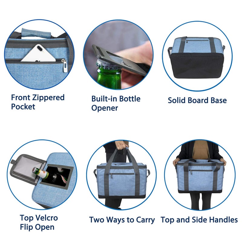 Hap Tim Soft Cooler Bag 40Can Large Reusable Grocery Bags Soft Sided Collapsible Travel Cooler for Outdoor Travel Hiking Beach Picnic BBQ PartyUS13634Blue Grey - Image 4