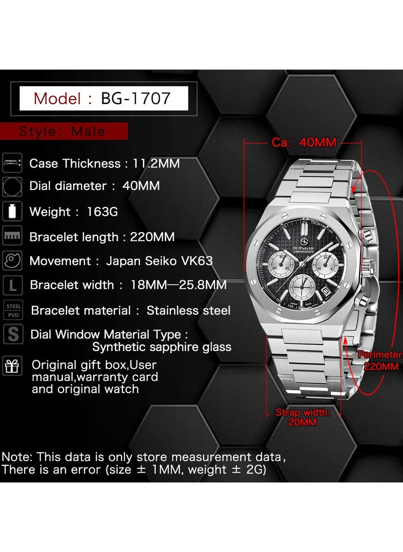 BERSIGAR - Bersigar BG-1707 Allegro Luxury Design Stainless Steel Chronograph Water Resistant Watch - Image 1