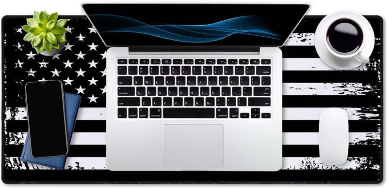 SSOIU Desk Mat, Extended Gaming Mouse Pad (35.5x15.7 in), Large Non-Slip Rubber Base Mousepad with Stitched Edges, Waterproof Keyboard Mouse Mat Desk Pad - Grunge American Flag USA Flag Black White - Image 4