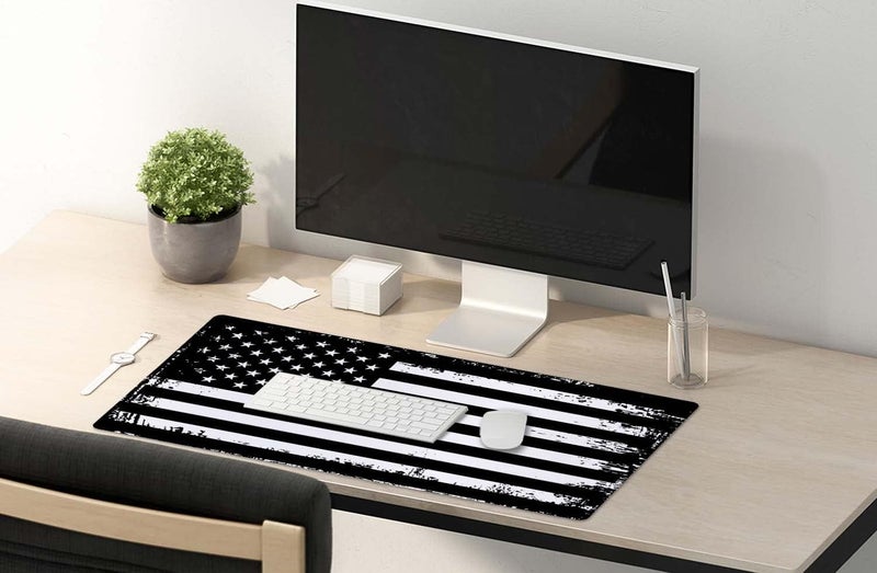 SSOIU Desk Mat, Extended Gaming Mouse Pad (35.5x15.7 in), Large Non-Slip Rubber Base Mousepad with Stitched Edges, Waterproof Keyboard Mouse Mat Desk Pad - Grunge American Flag USA Flag Black White - Image 5