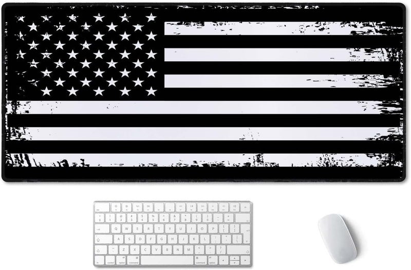 SSOIU Desk Mat, Extended Gaming Mouse Pad (35.5x15.7 in), Large Non-Slip Rubber Base Mousepad with Stitched Edges, Waterproof Keyboard Mouse Mat Desk Pad - Grunge American Flag USA Flag Black White - Image 1