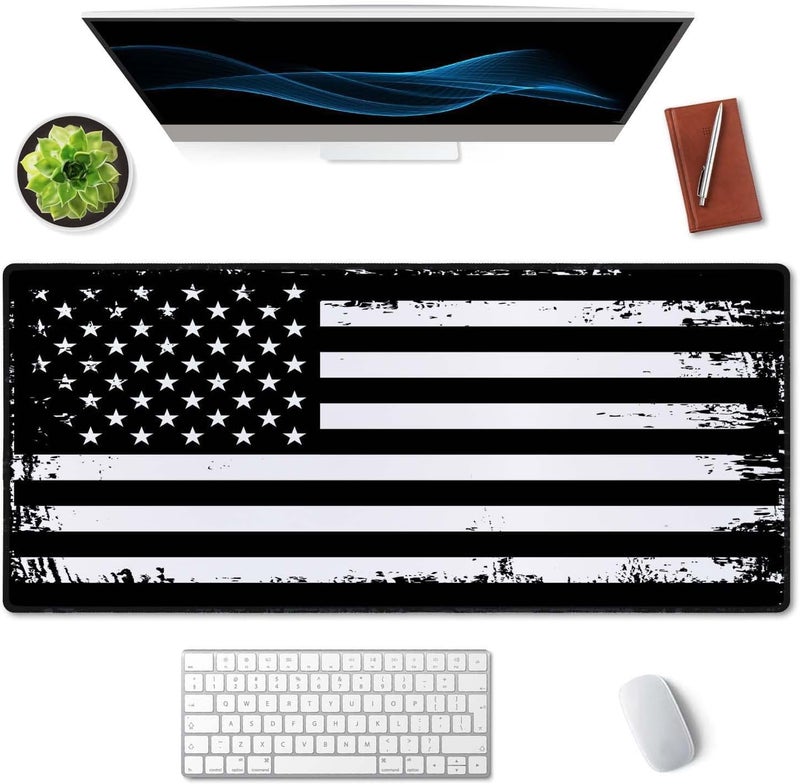 SSOIU Desk Mat, Extended Gaming Mouse Pad (35.5x15.7 in), Large Non-Slip Rubber Base Mousepad with Stitched Edges, Waterproof Keyboard Mouse Mat Desk Pad - Grunge American Flag USA Flag Black White - Image 3