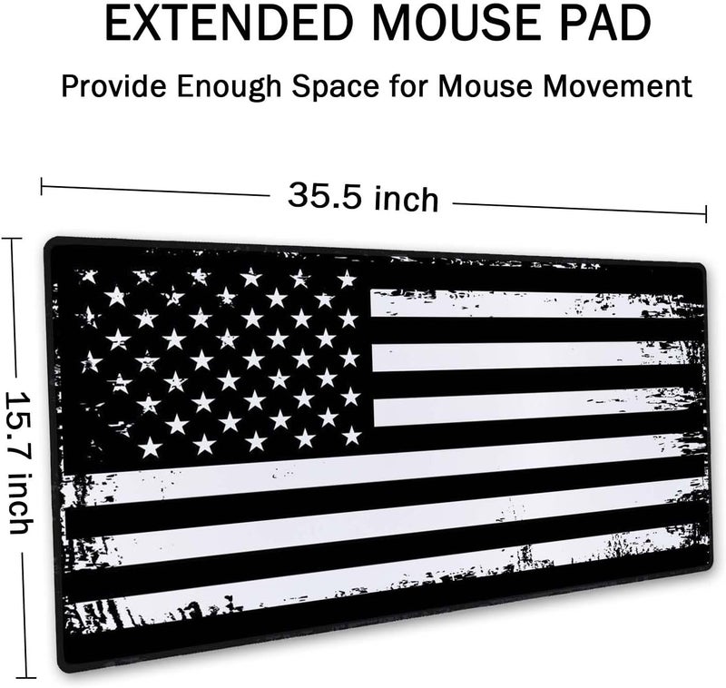 SSOIU Desk Mat, Extended Gaming Mouse Pad (35.5x15.7 in), Large Non-Slip Rubber Base Mousepad with Stitched Edges, Waterproof Keyboard Mouse Mat Desk Pad - Grunge American Flag USA Flag Black White - Image 2