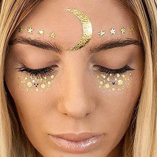 LINGPAR 3 Sheets Face Tattoo Sticker Metallic Shiny Temporary Water Transfer Tattoo for Professional Make Up Dancer Costume Parties Shows Gold Glitter - Image 1