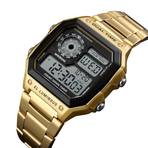 Reginald Watches for Men Fashion Trend Gold Multifunction Waterproof Watch EL Light Digital Chronograph Stainless Steel Square Watches (Gold) - Image 3