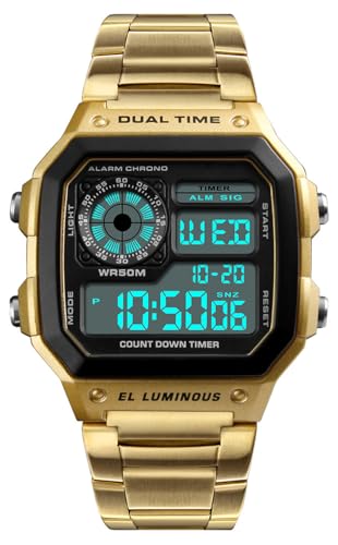 Reginald Watches for Men Fashion Trend Gold Multifunction Waterproof Watch EL Light Digital Chronograph Stainless Steel Square Watches (Gold) - Image 1