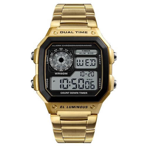 Reginald Watches for Men Fashion Trend Gold Multifunction Waterproof Watch EL Light Digital Chronograph Stainless Steel Square Watches (Gold) - Image 2