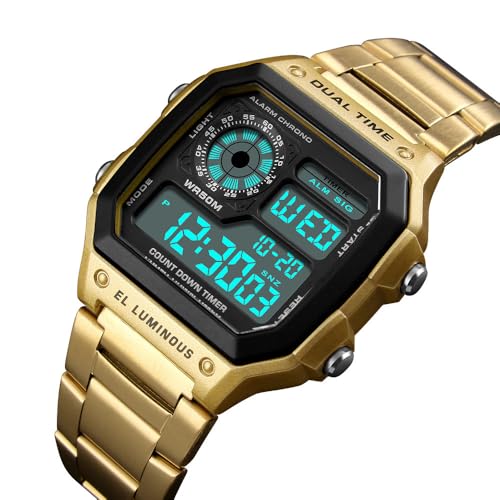Reginald Watches for Men Fashion Trend Gold Multifunction Waterproof Watch EL Light Digital Chronograph Stainless Steel Square Watches (Gold) - Image 4