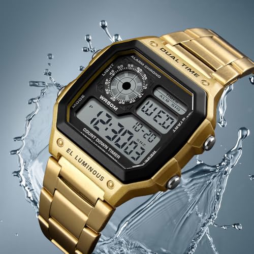 Reginald Watches for Men Fashion Trend Gold Multifunction Waterproof Watch EL Light Digital Chronograph Stainless Steel Square Watches (Gold) - Image 5