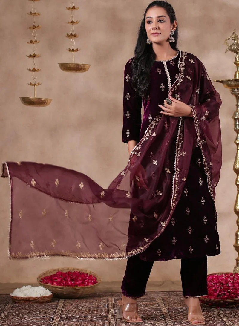ISHIN Women's Purple Velvet Self Design Full Length Palazzo Kurta Set