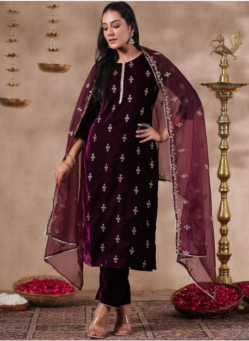 ISHIN Women's Purple Velvet Self Design Full Length Palazzo Kurta Set  - Image 1