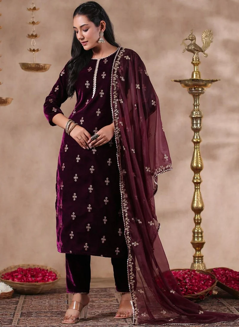 ISHIN Women's Purple Velvet Self Design Full Length Palazzo Kurta Set