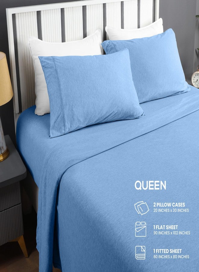 Utopia Bedding Queen Sheet Set - Jersey Knit Sheets 4 Piece - Cotton - Soft T-Shirt Stretchy Sheets (Heather Sky Blue) - Image 2