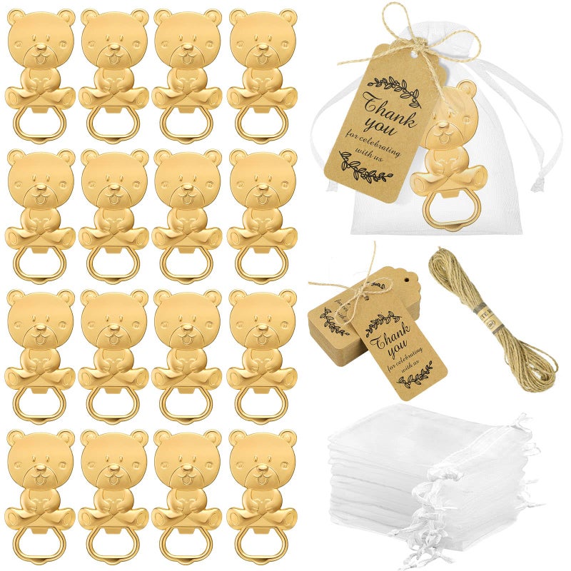 WILLBOND WILLBOND 50 Set Popping Bottle Openers Baby Shower Favors Bear Bottle Opener Decorations and Souvenirs with Organza Bags Thank You Tags for Guest Souvenir Birthday Gifts DecorationGold 