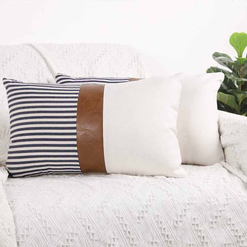 cygnus Set of 2 Farmhouse Decor Stripe Patchwork Linen Throw Pillow Covers Modern Tan Faux Leather Accent Pillow Covers 18x18 inch Navy Blue
