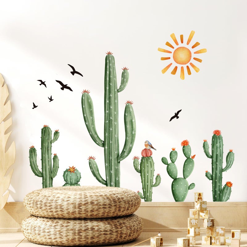 Supzone Cactus Wall Decals Tropical Green Plants Boho Cactus Wall Stickers Peel and Stick Vinyl with Sun Birds Cacti Art Decor for Baby Boy Kids Grils Nursery Living Room Bedroom Office Gifts for Mom - Image 1