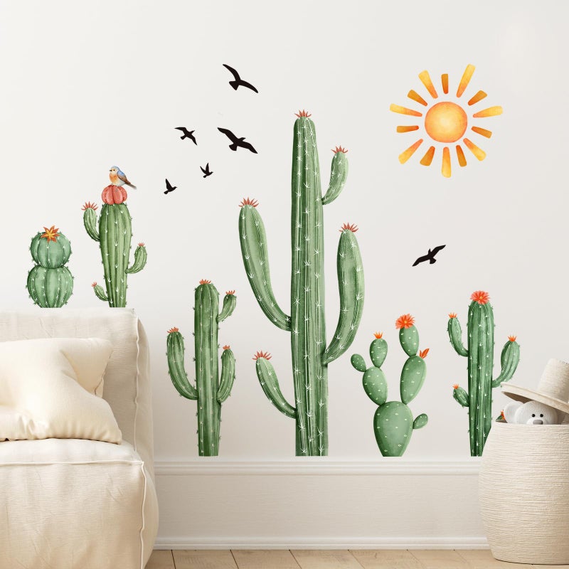 Supzone Cactus Wall Decals Tropical Green Plants Boho Cactus Wall Stickers Peel and Stick Vinyl with Sun Birds Cacti Art Decor for Baby Boy Kids Grils Nursery Living Room Bedroom Office Gifts for Mom - Image 3