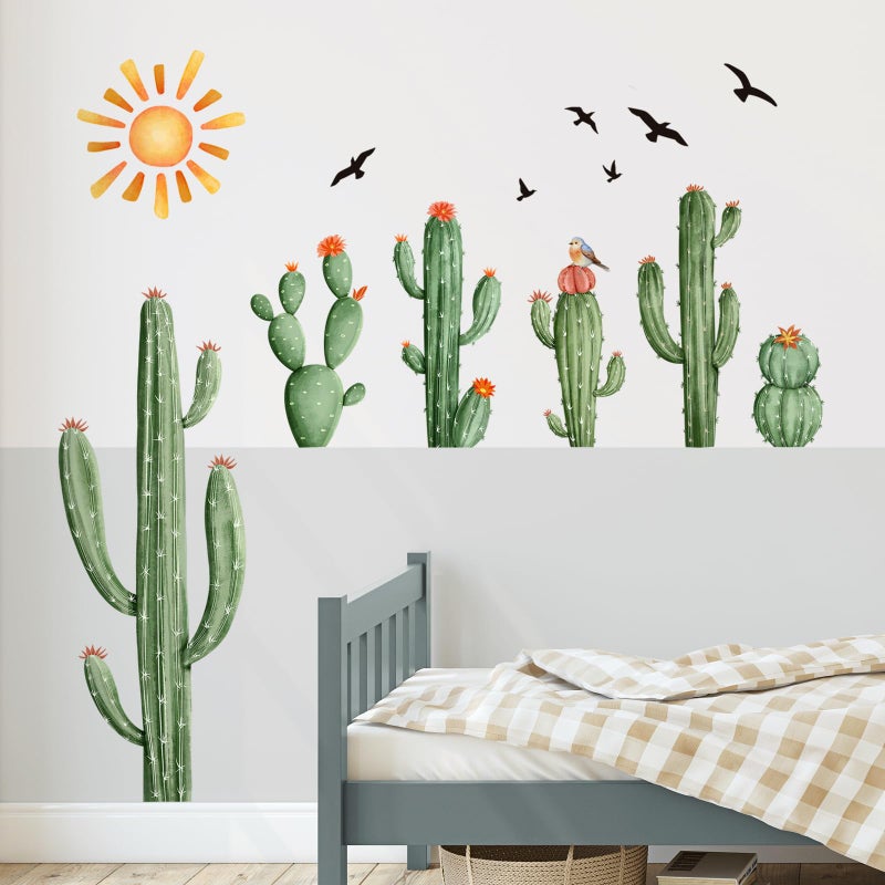 Supzone Cactus Wall Decals Tropical Green Plants Boho Cactus Wall Stickers Peel and Stick Vinyl with Sun Birds Cacti Art Decor for Baby Boy Kids Grils Nursery Living Room Bedroom Office Gifts for Mom - Image 4