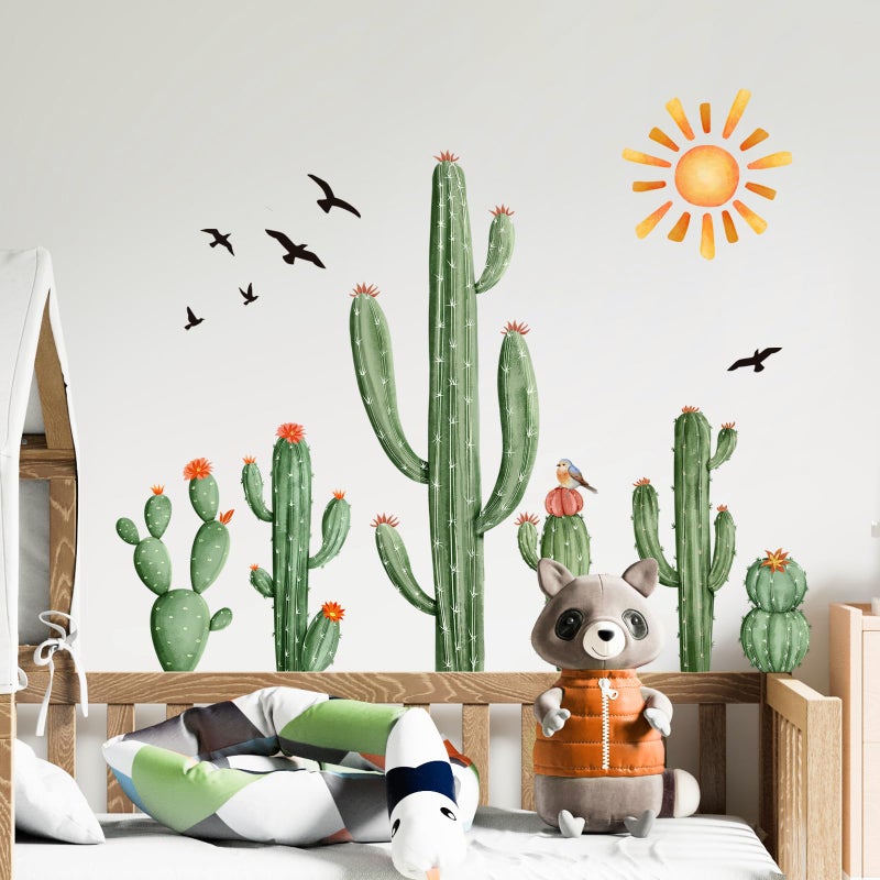 Supzone Cactus Wall Decals Tropical Green Plants Boho Cactus Wall Stickers Peel and Stick Vinyl with Sun Birds Cacti Art Decor for Baby Boy Kids Grils Nursery Living Room Bedroom Office Gifts for Mom - Image 2