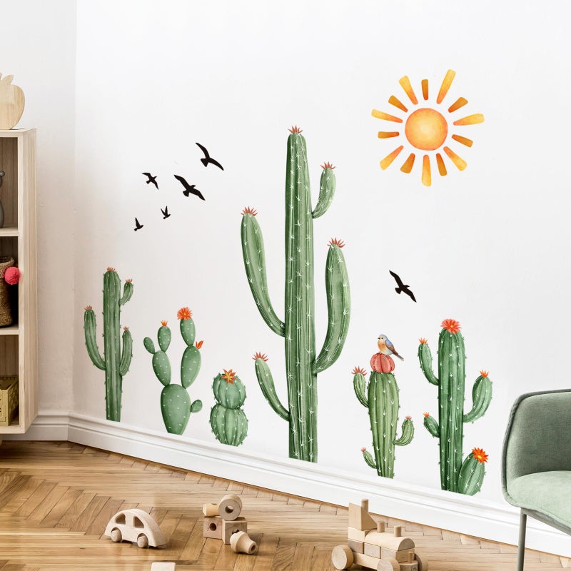 Supzone Cactus Wall Decals Tropical Green Plants Boho Cactus Wall Stickers Peel and Stick Vinyl with Sun Birds Cacti Art Decor for Baby Boy Kids Grils Nursery Living Room Bedroom Office Gifts for Mom - Image 5