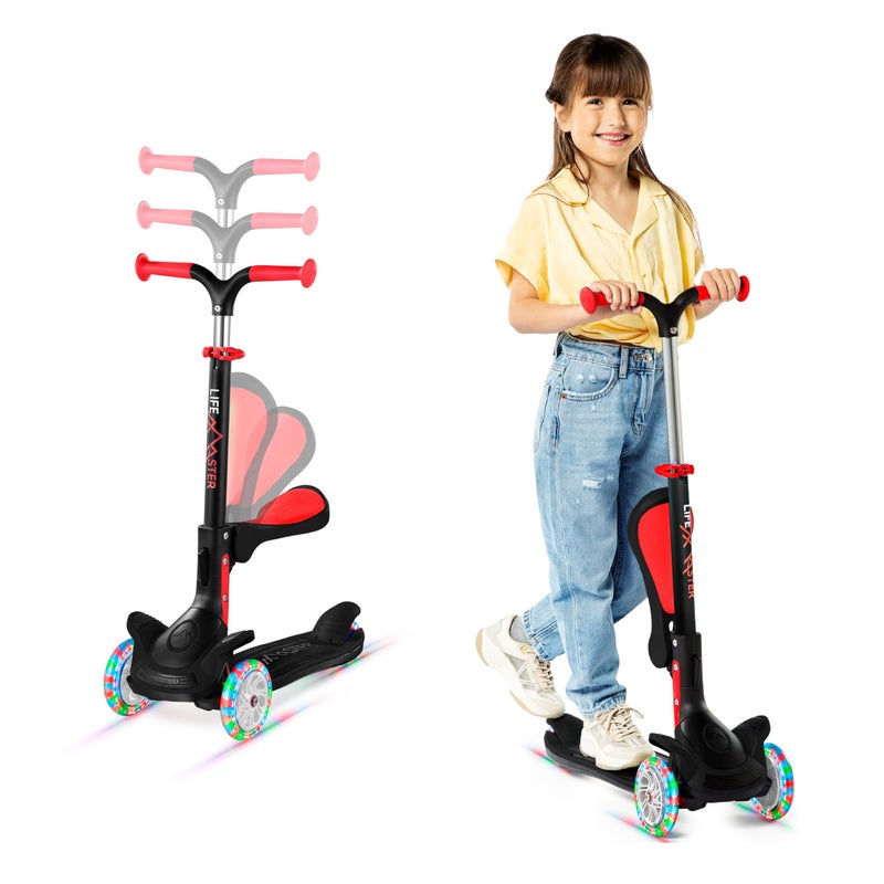 LifeMaster 3 Wheel Scooter for Kids with Foldable Seat, Adjustable Handlebar Height, Lean-to-Steer Ride On Toy for Kids Ages 2+, Light-Up LED Wheels, Wide Anti Slip Deck, Indoor & Outdoor Use, Black - Image 1