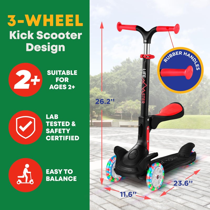 LifeMaster 3 Wheel Scooter for Kids with Foldable Seat, Adjustable Handlebar Height, Lean-to-Steer Ride On Toy for Kids Ages 2+, Light-Up LED Wheels, Wide Anti Slip Deck, Indoor & Outdoor Use, Black - Image 3